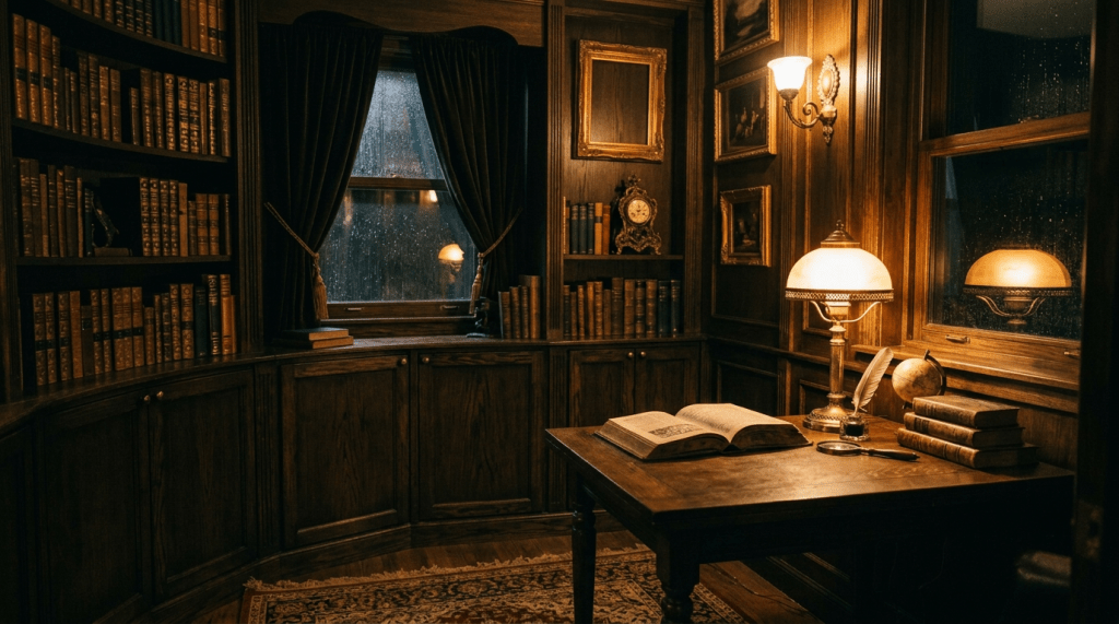 Person reading book in wooden vintage library with table lamp